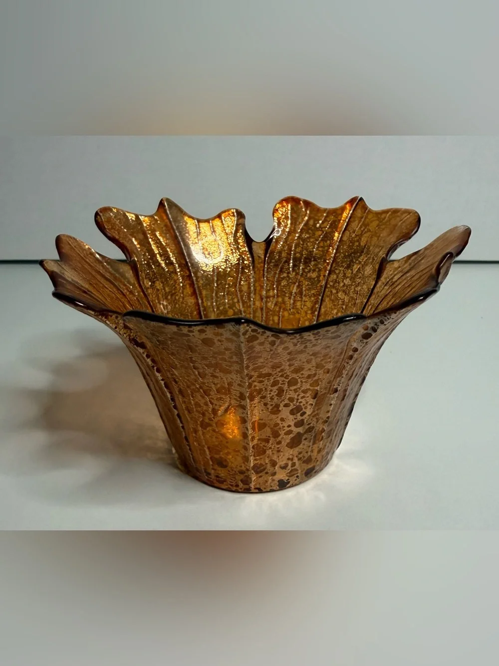 Amber Glass Leaf-Edge Votive Holders – Pair